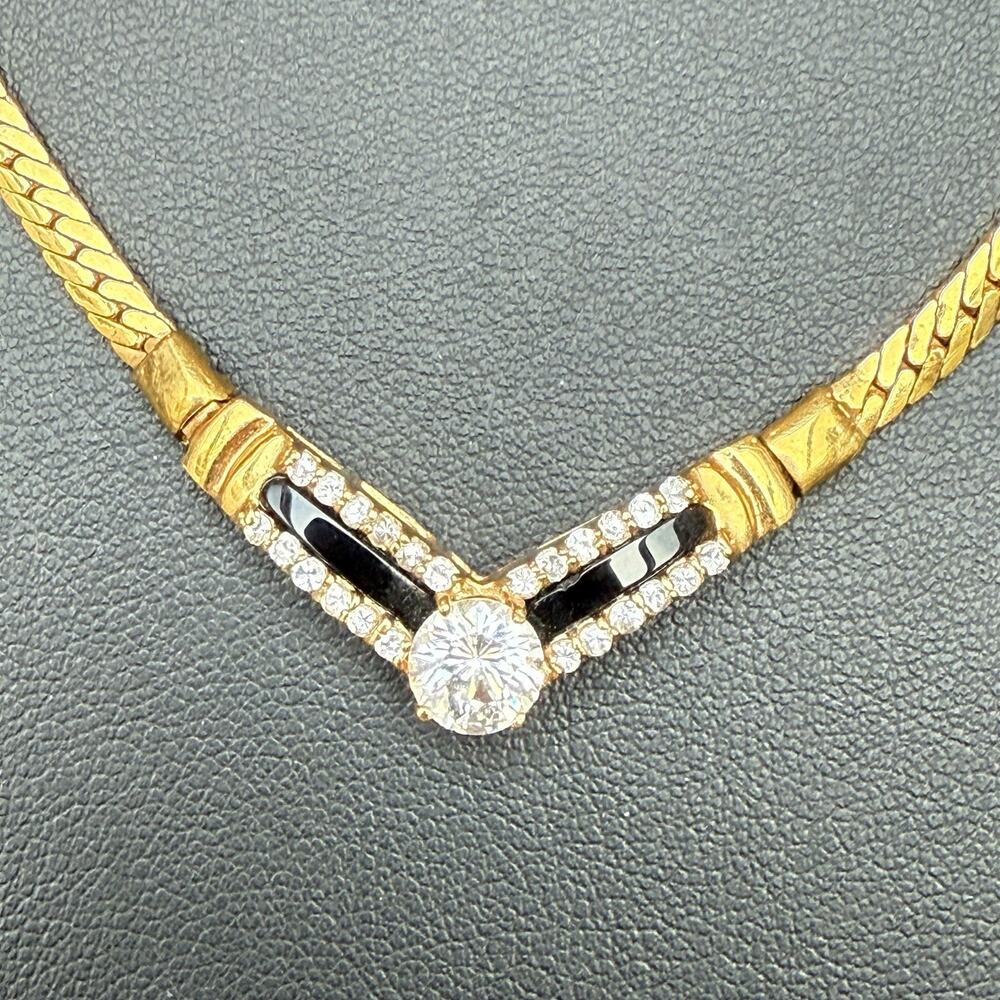 14KGE Gold Electroplated CZ & Onyx Chevron Herringbone Necklace Signed LIND 20”